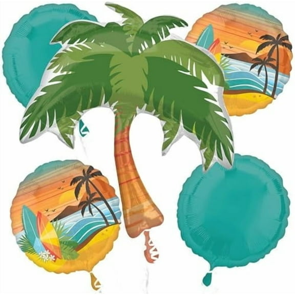 Beach Life Summer Party 5-Piece Balloon Bouquet, Tropical Palm Tree and Surfboard Design