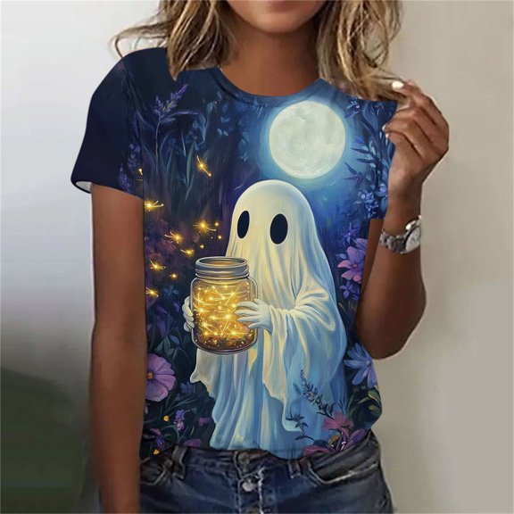 Women's Aesthetic Halloween T-Shirts Cute Ghost Holding Glowing Jar Graphic Tees Short Sleeve Crew Neck Moon Floral Casual Tops Fall Holiday Shirts