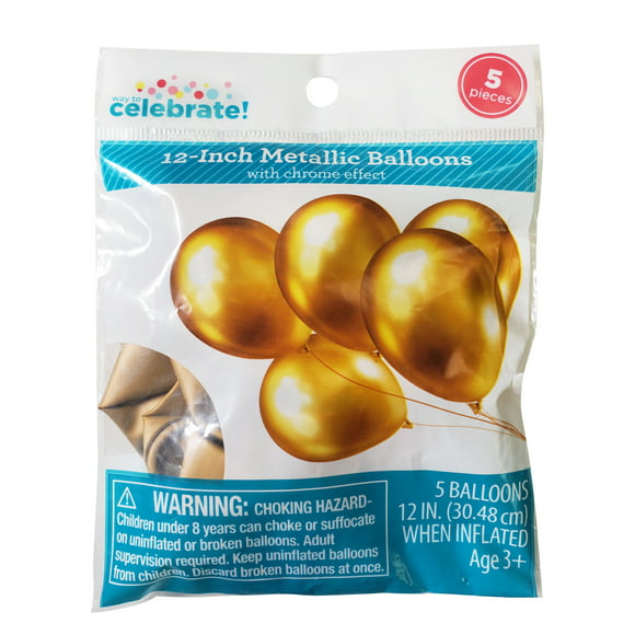 Way to Celebrate! 12 inch Birthday Party Toys and Accessories, Gold Glossy Metallic Balloons, 5 Counts