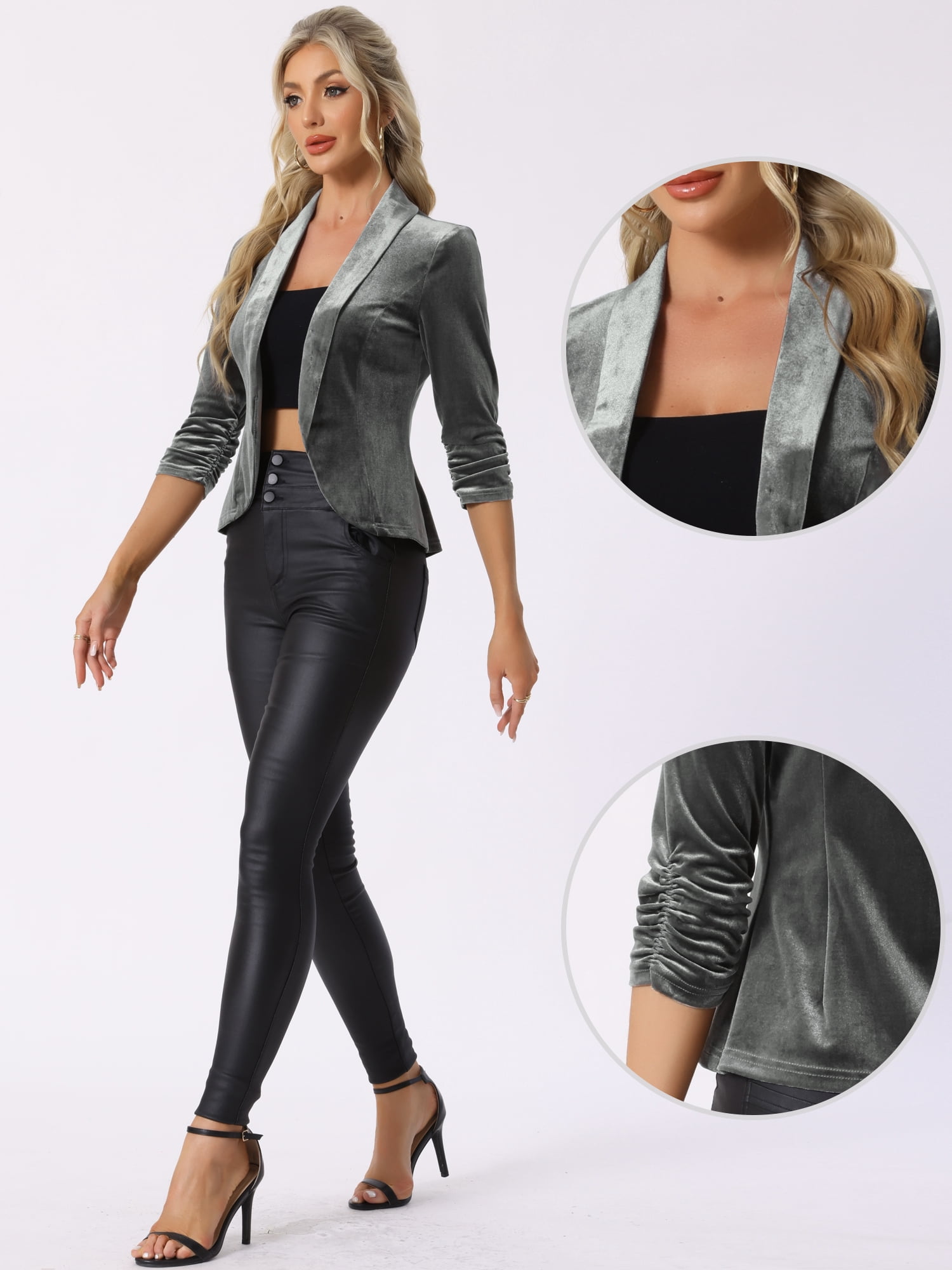 DARING DIVA Women's Velvet Shawl Lapel Collar Open Front Cardigans XL Grey