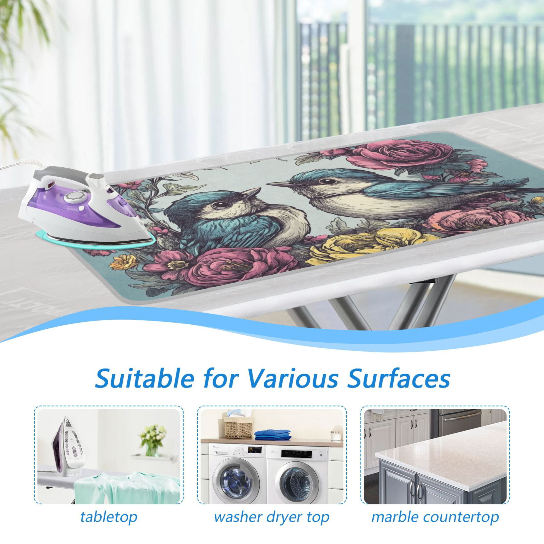 Birds and Flowers Ironing Mat Blanket for Table Top Travel Portable Ironing Board Pad 47.2x27.6 Inch