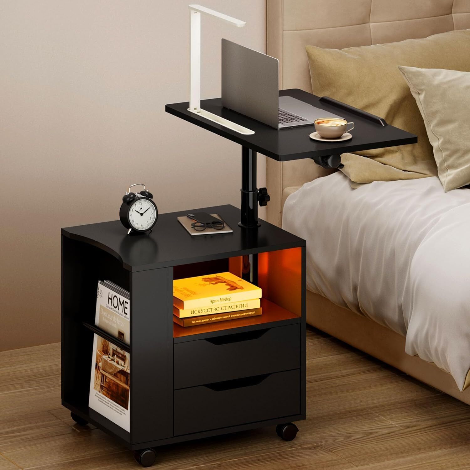 Soges Nightstand with Drawers and LED Lights, Bedside Table with Lamp, USB Charging Ports, Height Adjustable Side Table with Wheels, Rolling End Table Overbed Table, Black