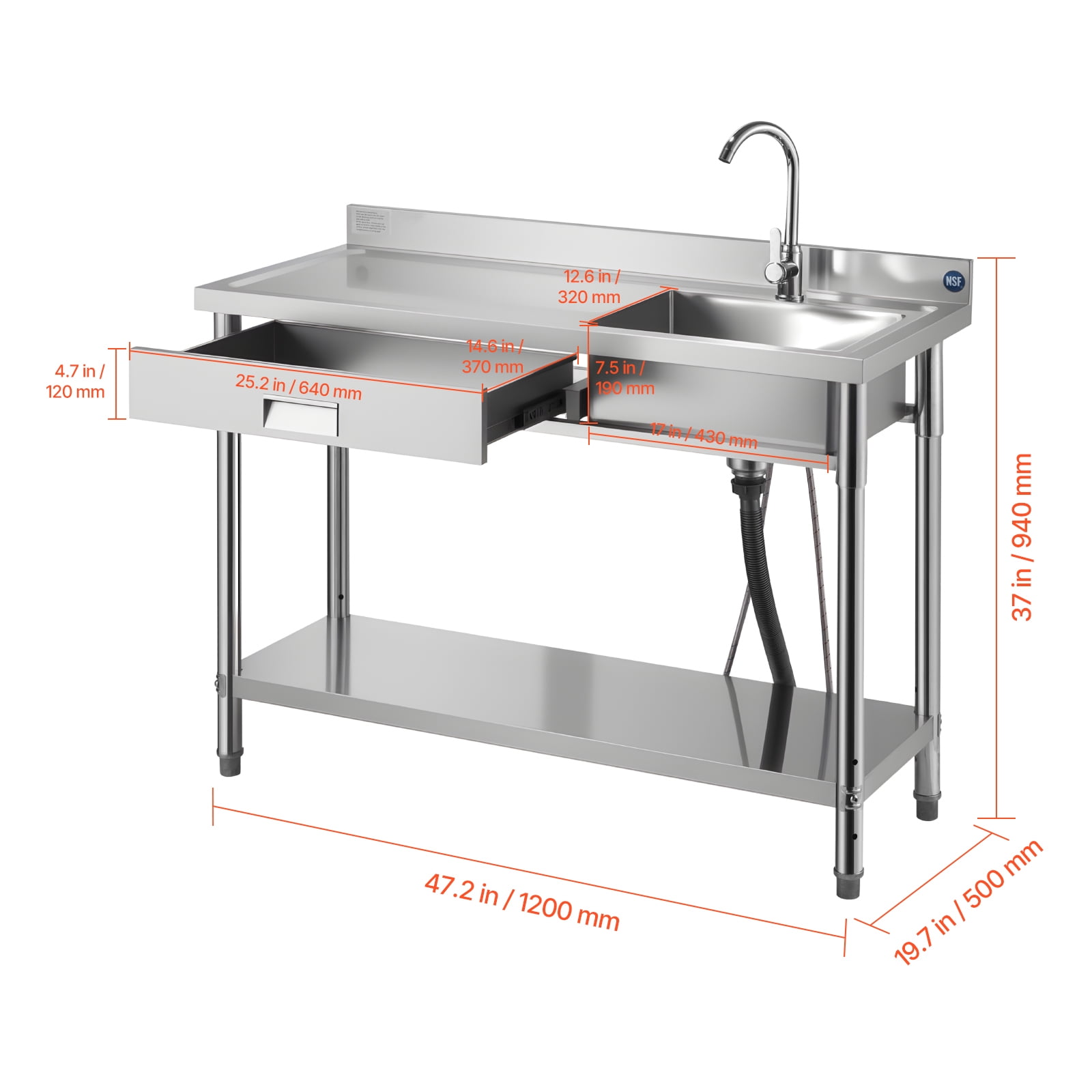 KFFKFF NSF-Certified Stainless Steel Utility Sink with 360° Rotating Faucet, Drawer, and Adjustable Storage Rack, 47 x 20 x 37 in.