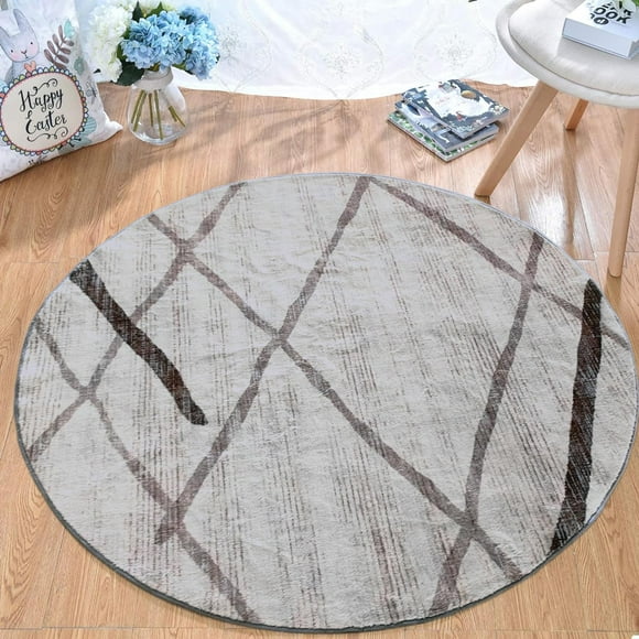 JV Home Round Rug Stripes Beige 4 ft Washable Carpet Anti Slip