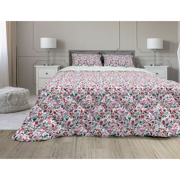 Tulip Comforter & Sham Bedding Set, Floral Background with Linked Swirling Tulip and Branches Fresh Ornate, 3 pcs Duvet Set Microfiber Filling Quilt, 5 Sizes, Pink Teal Red, by Ambesonne