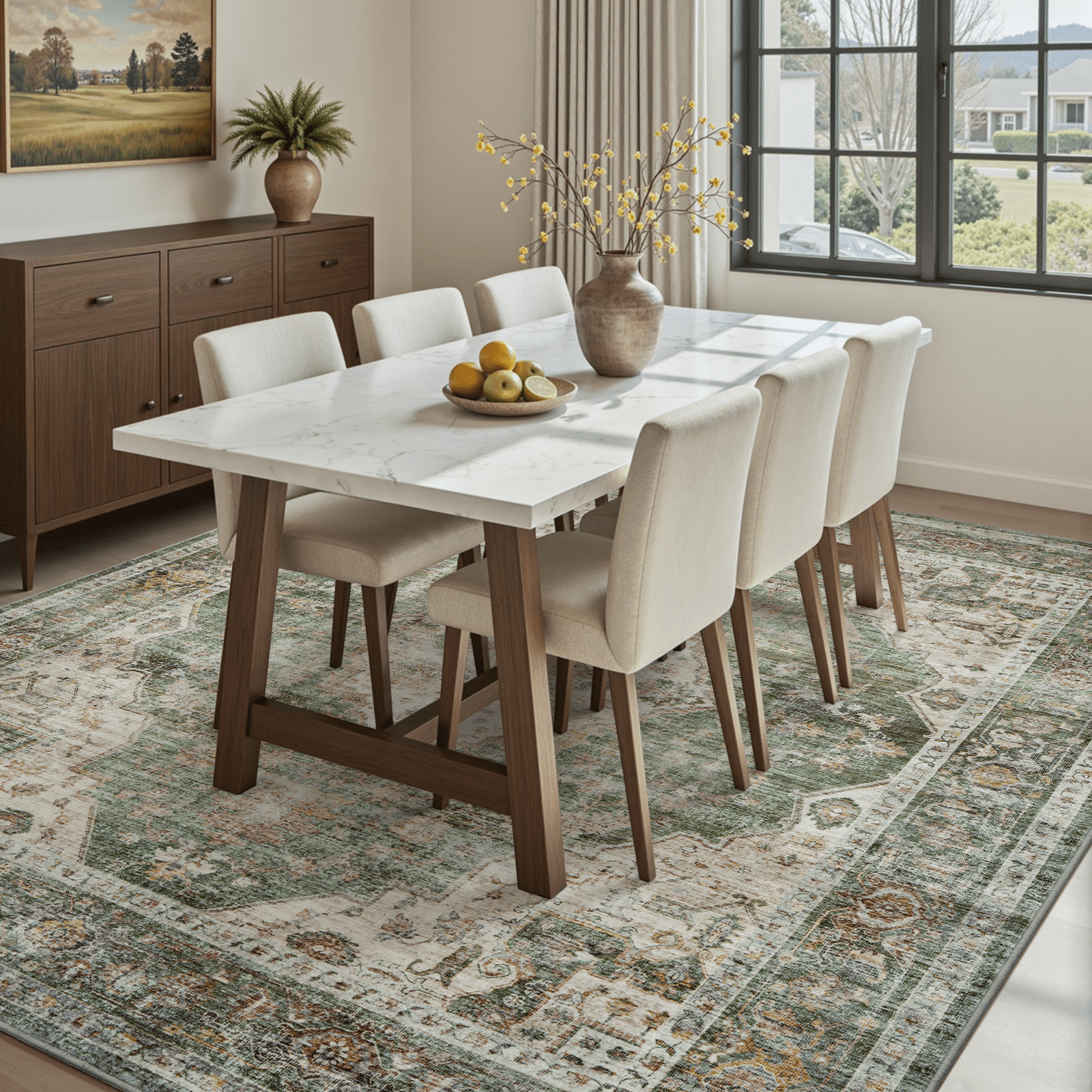 SIXHOME 9'x12' Area Rug Washable Retro Living Room Bedroom Carpet Soft Floral Distressed Indoor Rug Light Green