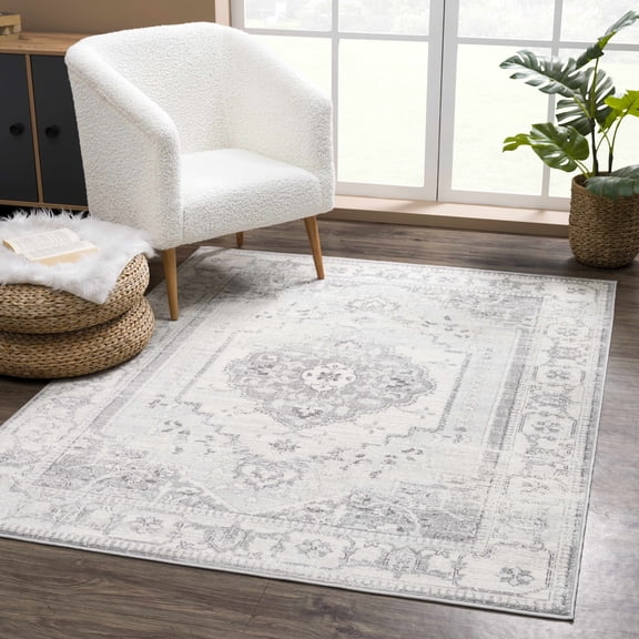 Hauteloom Neutral Collection Tacik Oriental Farmhouse Living Room Bedroom Area Rug - Vintage Distressed - Boho Chic Medallion Pattern - Ivory, Beige, Gray - 3'11" x 5'7"
