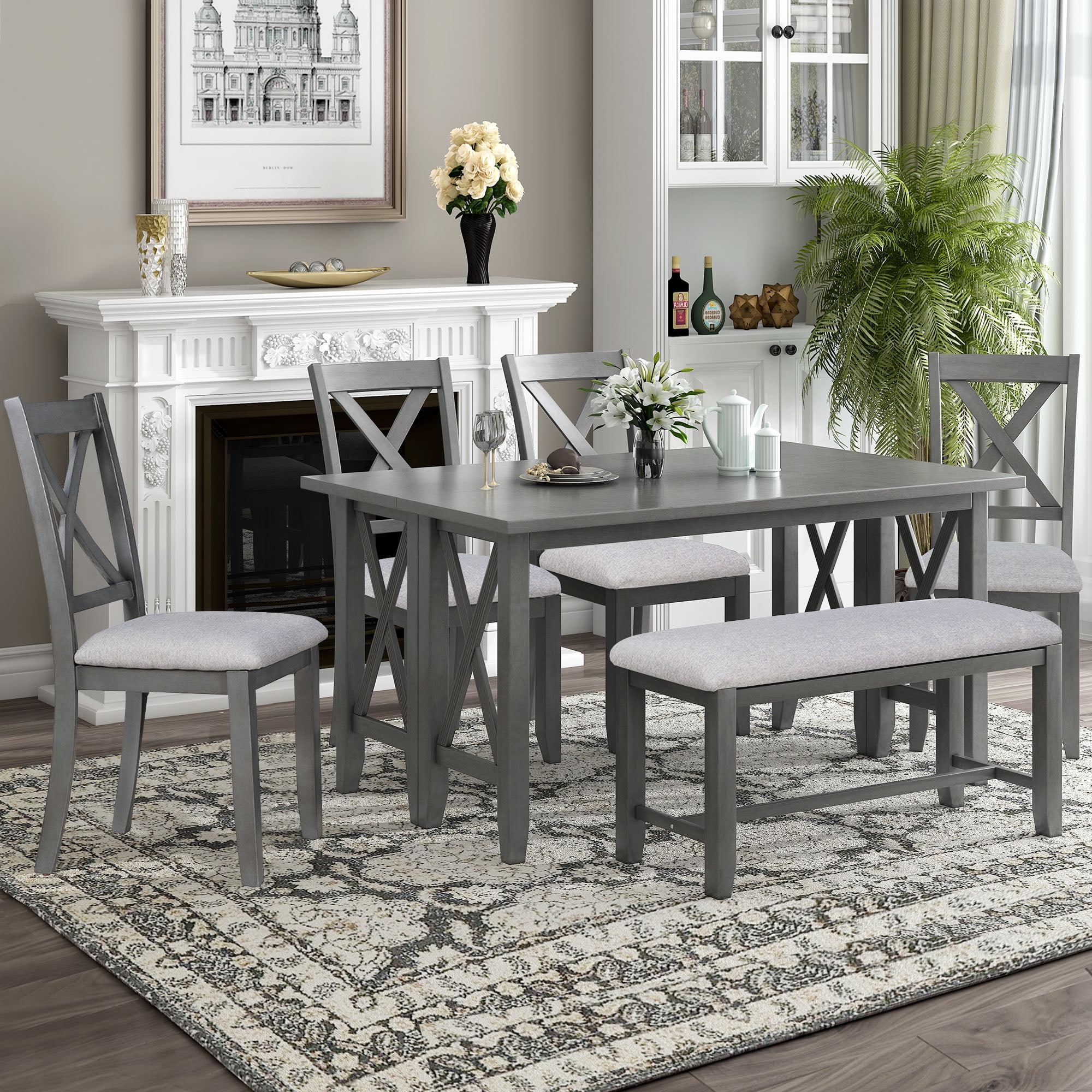 Euroco 6Piece Dining Table,60" Solid Wood Dining Set with Rectangular