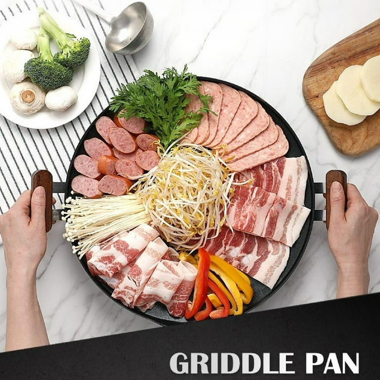 Premium 13.5 Korean BBQ Non-Stick Griddle Grill Pan with Wooden Handle, Induction Stove Cooktop Compatible