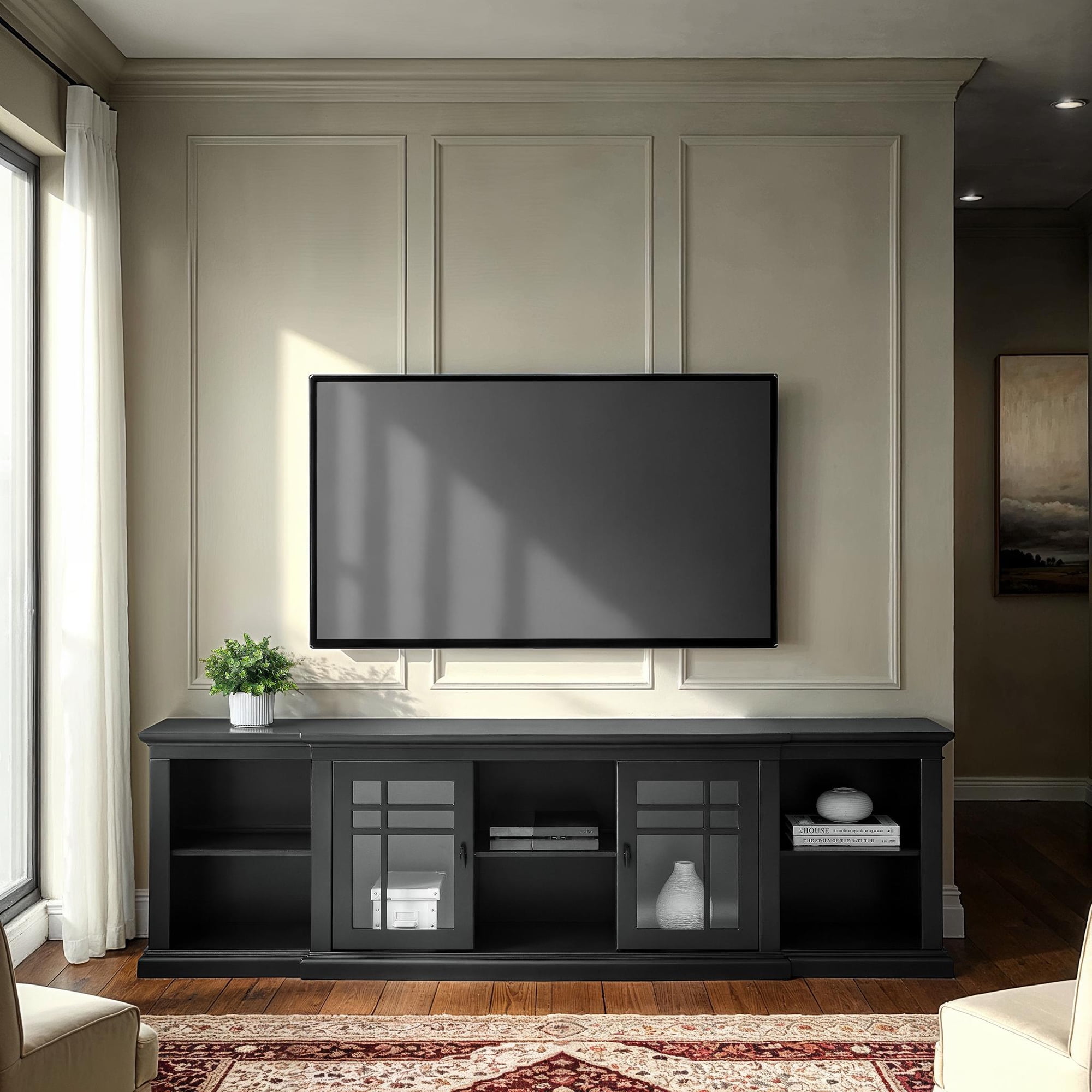 Walker Edison Transitional Glass-Door TV Stand for TVs up to 90”, Black