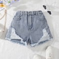 thumbnail image 2 of Ticikt Girls Ripped Jean Shorts 7-12Y, Y2K Mid Waist Straight Leg Denim Shorts with Elastic Waistband & Frayed Hem,Color:Blue,Size:10-11 Years, 2 of 7