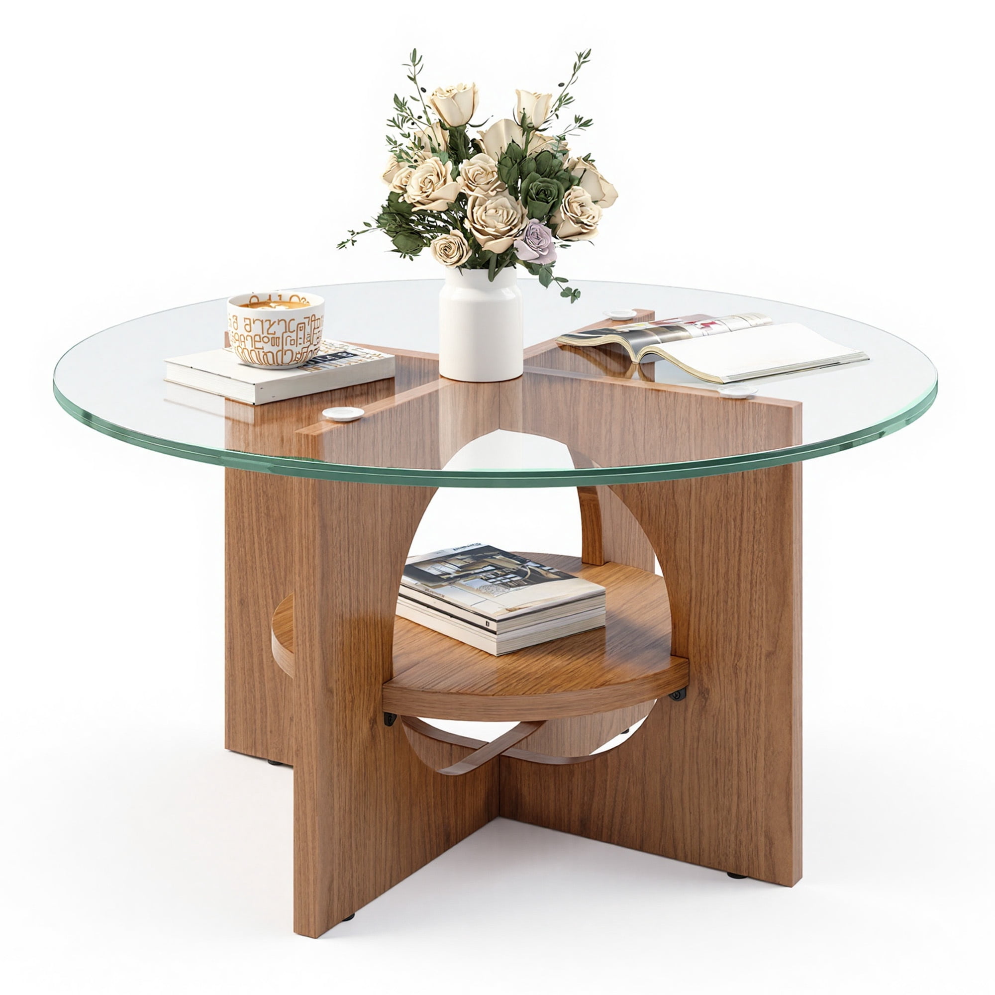Uforic Round Coffee Table, 2-Tier Tempered Glass Coffee Table with Storage Shelf, Modern Multi-Purpose Center Cocktail Table for Living Room, Office, Walnut Finish