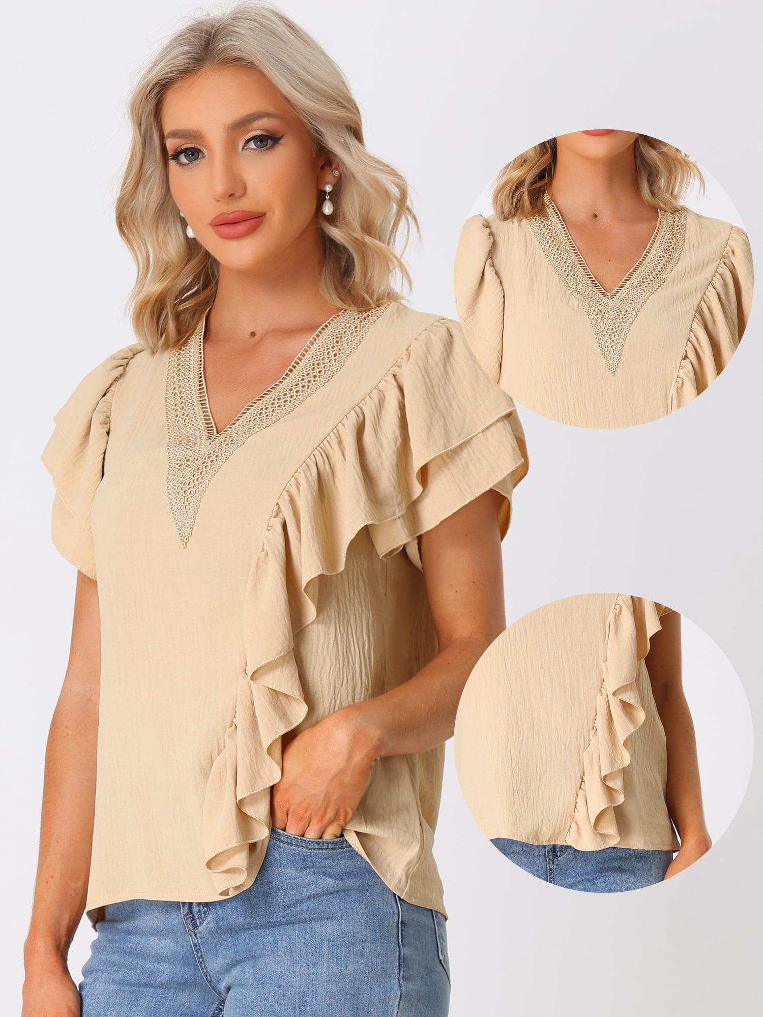 DARING DIVA Women's Ruffle Short Sleeve Elegant V Neck Blouse XS Khaki
