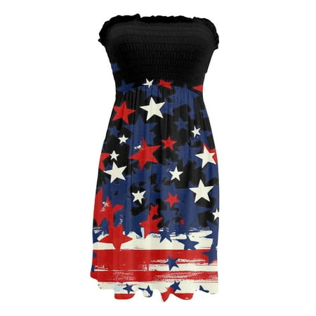 CHCNHAC 4th Of July Tube Dresses for Women Patriotic Red White and Blue Print Dresses Flattering Flowy Swing Strapless Classy Dress Vermilion S