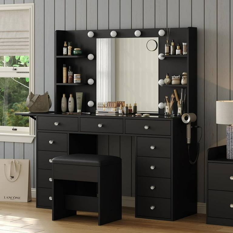 Vanity Desk with Power Outlet, Makeup Vanity with Lighted