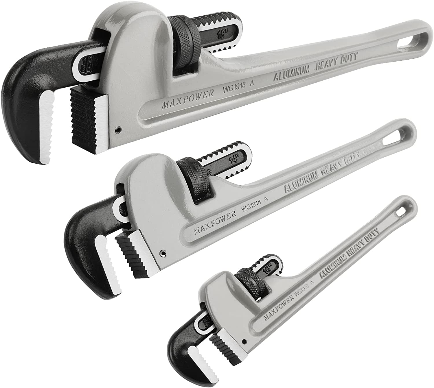 MAXPOWER Pipe Wrench Set 10" 14" 18", Aluminum Plumber Wrenches, Straight Plumbing Wrench