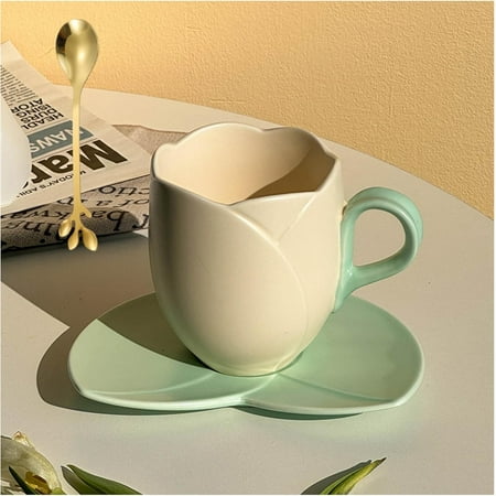 

Taza De Tulipan 10 oz/300 ml Ceramic Tulip Coffee Mug with Saucer Cute Retro Tulip Flower Design Mug with Handle for Tea Coffee Milk (Beige High)