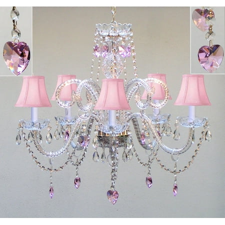 Chandelier Lighting With Pink Crystal Hearts H25 X W24 Swag Plug Chandelier Lighting With Pink Crystal Hearts H25 X W24 Swag Plug In