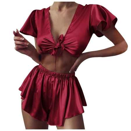 

solacol Womens Pajama Sets Silk Womens Pajama Sets Sexy Pajamas for Women Sleepwear Women Sexy-Lingerie Sleepwear Satin Silk Babydoll Lace Up Nightwear Pajamas Set Pajamas for Women Set