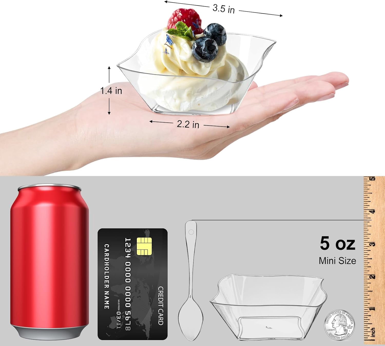 50ct 5 oz Small Plastic Dessert Cups with Spoons, Clear Appetizer Cups for Parties Mini Serving Bowls, Hors D'oeuvres Plates