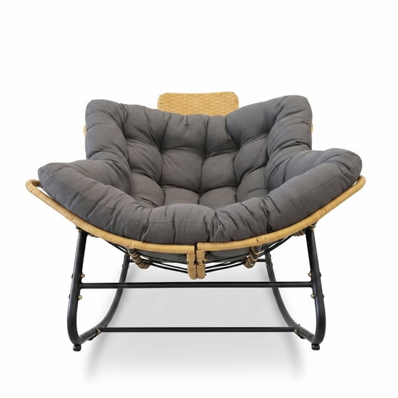 RIGO 39.37" Papasan Rocking Chair, Oversized Rattan Egg Lounge Rocker with Thick Cushion & Pillow, Indoor Outdoor Wicker Leisure Chair for Balcony Porch Garden, Dark Grey