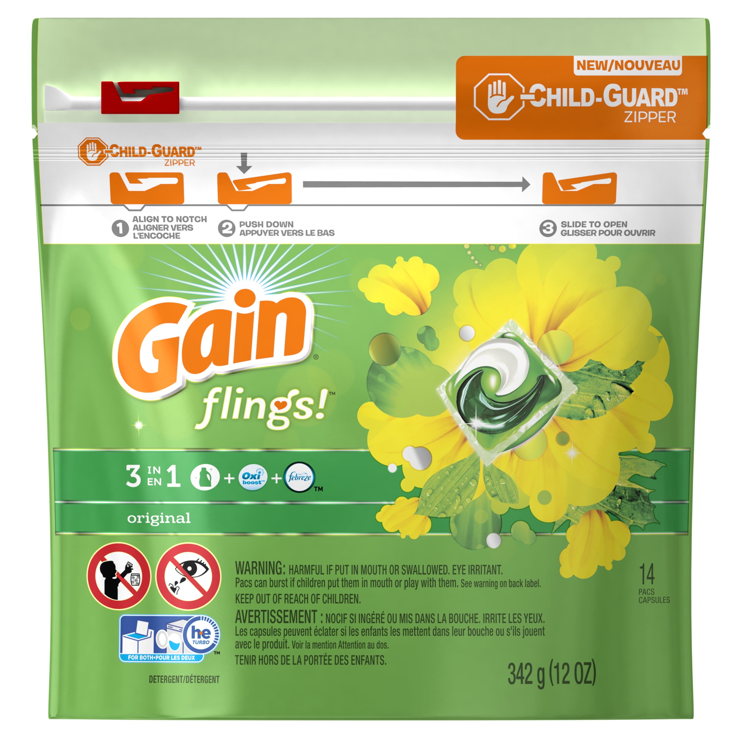 Gain flings! Liquid Laundry Detergent Pacs, Original, 14 count