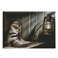 thumbnail image 1 of Western Cutting Board, Cowboys and Lantern on a Dallas Bench in Vintage Ranch Nostalgic Folkloric Photograph, Decorative Tempered Glass Cutting and Serving Board, Large Size, Brown, by Ambesonne, 1 of 1