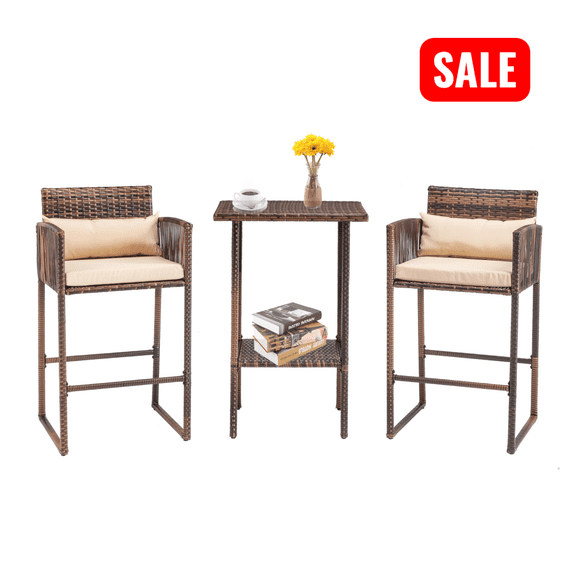 Tcbosik 3-Piece Outdoor Bar Table Set, 2-Tier Counter Height Table with Shelf, 2 Barstools with Cushions and Pillows, All-Weather Wicker Bistro Table Set for Patio, Garden, Deck, Balcony, Brown