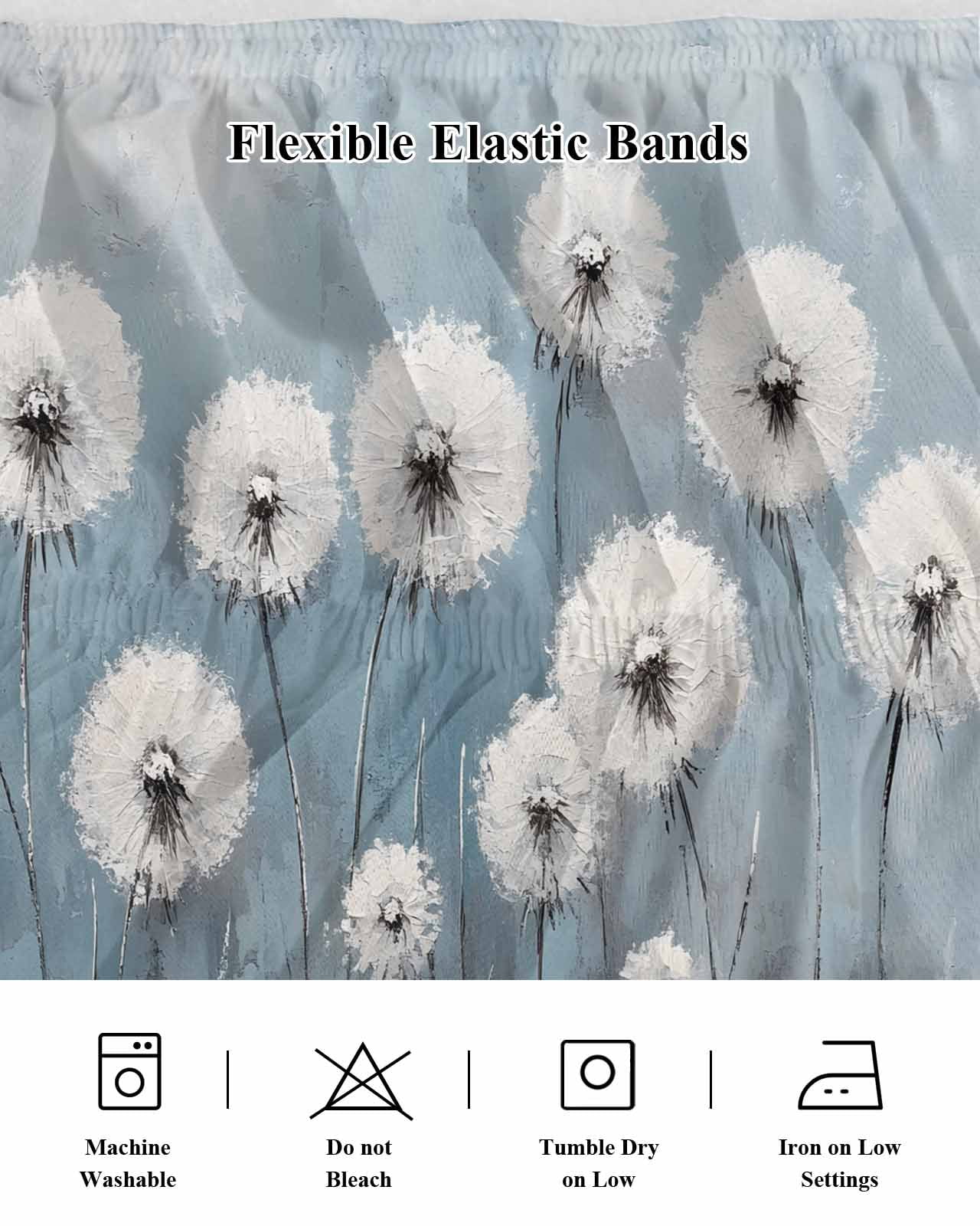 White Dandelion Wrap Around Bed Skirts for Queen Bed 16" Drop,Bed Skirt with Adjustable Elastic Belt Dust Ruffle Bed Valance for Bedroom Hotel Blue Oil Painting Retro Modern Art Bed Frame Cover