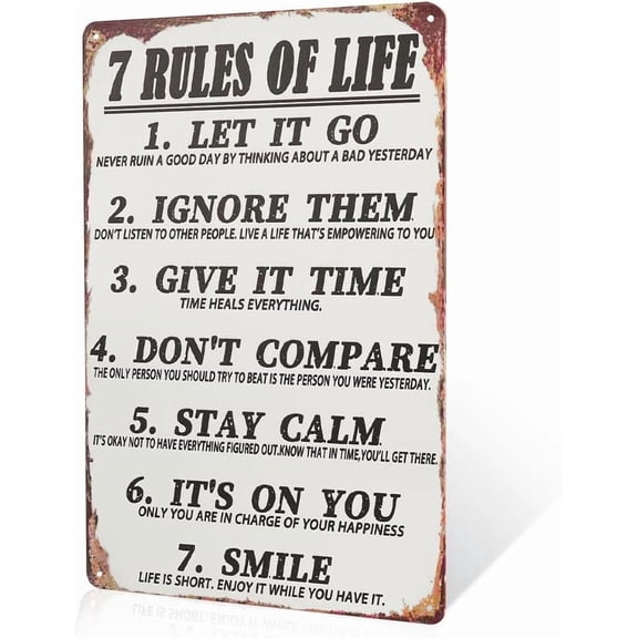 8 x 12 in Metal Tin Sign - 7 Rules of Life Vintage Metal Sign Wall Art, for Living Room, Bedroom, Kitchen, Bathroom