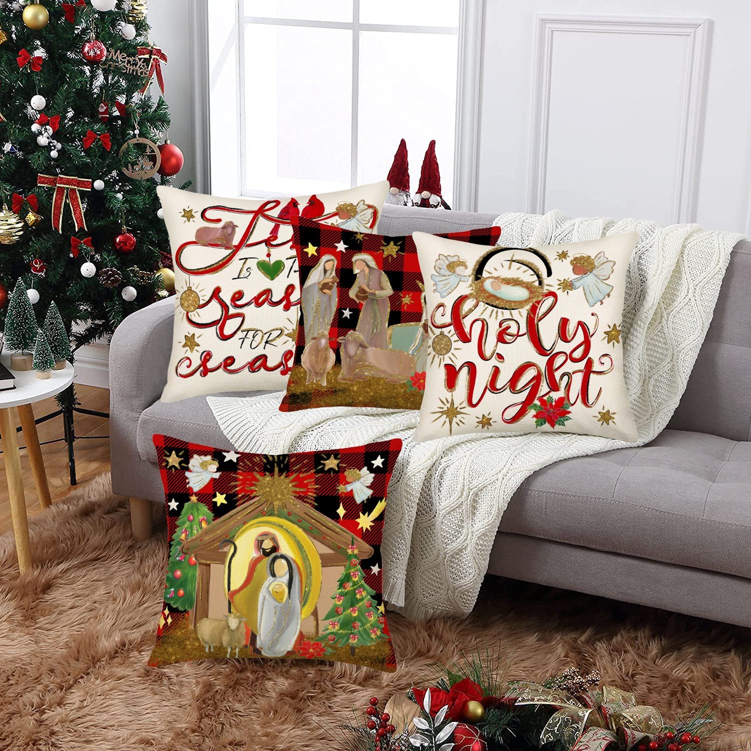 Merry Christmas Pillow Covers 20 x 20 Inch Nativity of Jesus Holy Night Cardinal Red Black Buffalo Plaid Throw Pillow Covers Set of 4 Xmas Tree Flower Saying Winter Holiday Cushion Case Decor