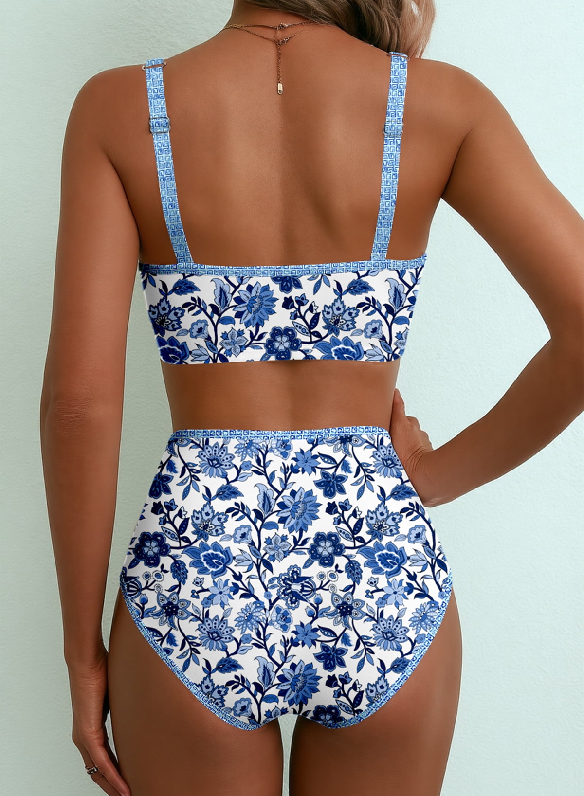 SHEWIN Womens Swimsuits Sets Bikinis Sets 2 Piece Tummy Control Bathing Suits High Waisted Swimwear Floral Swimming Suits Push Up Beach Vacation Outfits Blue Floral XL