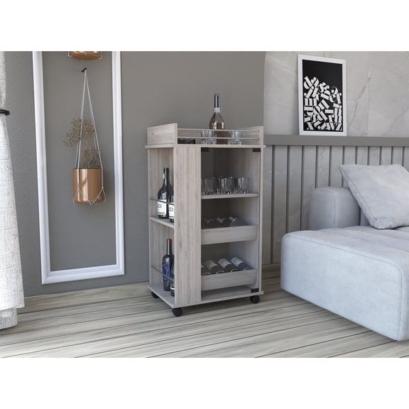 Miekor Furniture Light gray kitchen cabinet, bar cart with wheels, glass door, 3 internal shelves and 2 side shelves, space to store coffee and snacks B5A8184