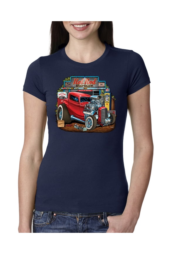 , Vintage Hot Rod Old Garage Cars and Trucks Womens Slim Fit Junior Tee, Navy, Medium