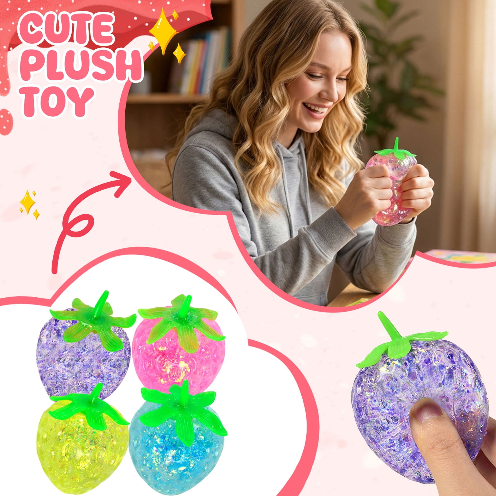 4PC Realistic Strawberry Squeeze Fidget, Slow Rising Food Stress Reliever Set, Soft Berry Simulation Hand Tools for Daily Relaxation and Anxiety Relief，Color