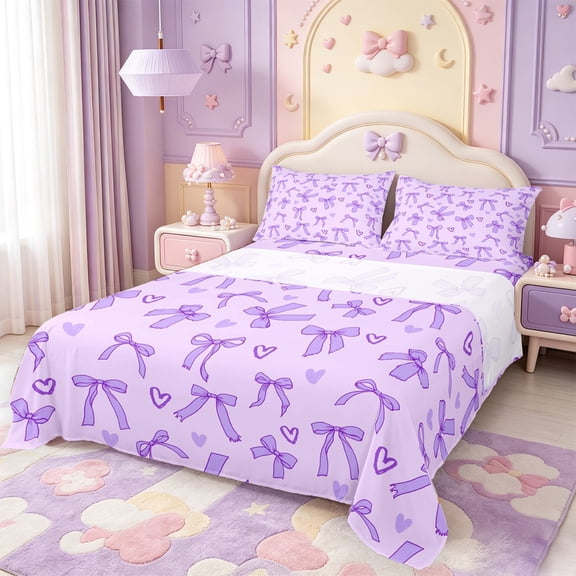 Manfei Kawaii Bow Knot Bed Sheets,Purple Dreamy Bowtie Full Size Sheets,4-Piece,1 Flat Sheet,1 Fitted Sheet and 2 Pillowcases