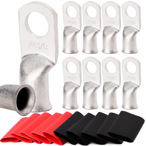 10 Pcs 2 Crampons en Fil de Cuivre de Qualité Marine Awg-3/8 Pouces, avec Tube Rétractable à la Chaleur 3:1, Embouts de Câble de Batterie UL, Crampons de Câble Robustes, Illets en Cuivre Teintés, Bornes Tubulaires