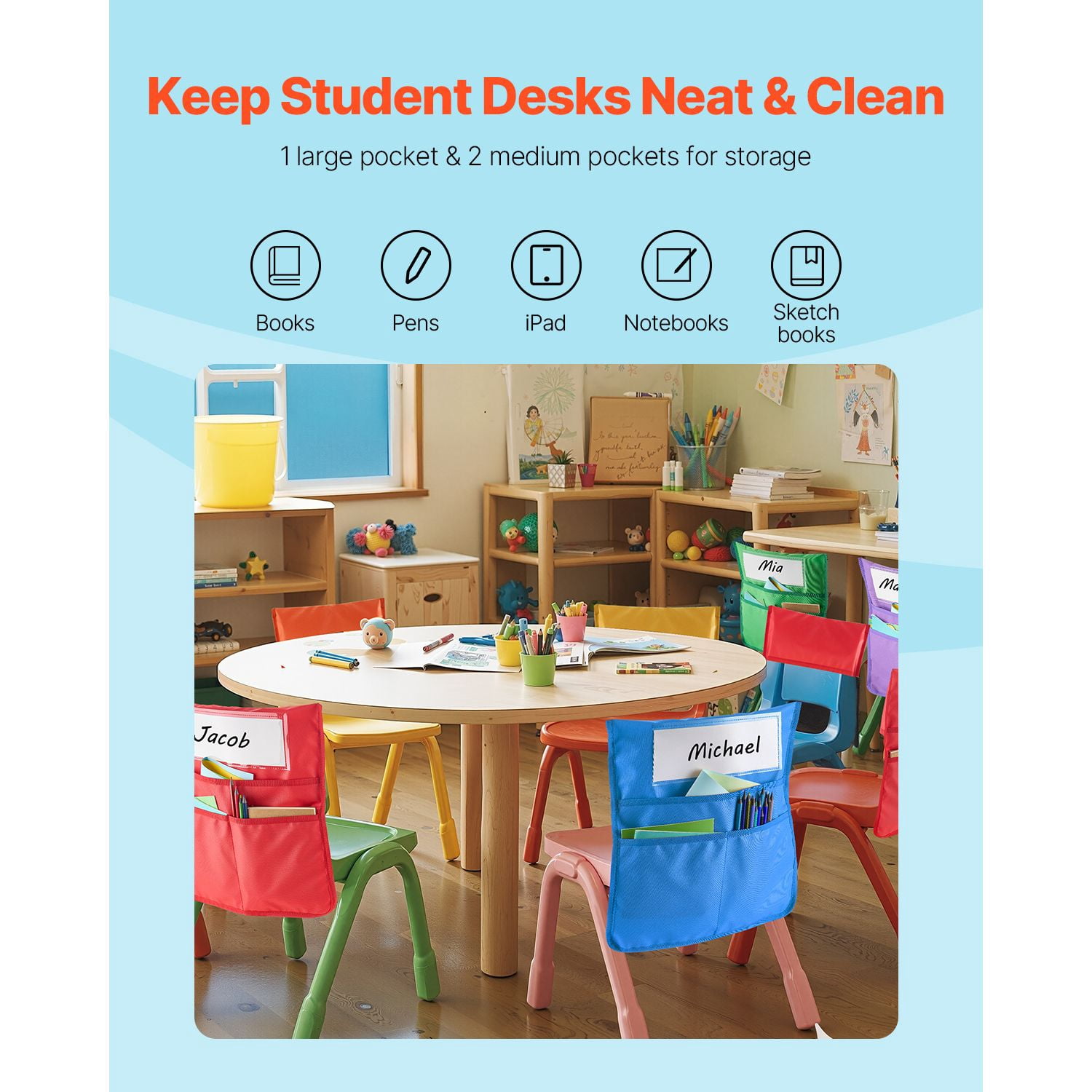 Chairback Pocket 24-Piece Colorful 18x20 Inch 600D Oxford for Grade 6-12 Classroom Organization