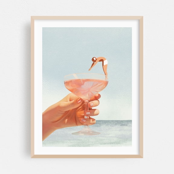 Sip And Dive - Cocktail Collage - Collage Surrealism Modern Art Pop Art Humor Vintage Pastel Minimalist Oak Framed Wall Art Print 11 x 14 inches