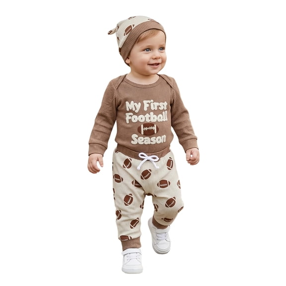 Baby Boy Fall Outfits Football Letter Embroidered Long Sleeve Romper Pants and Knot Hat 3 Piece Set