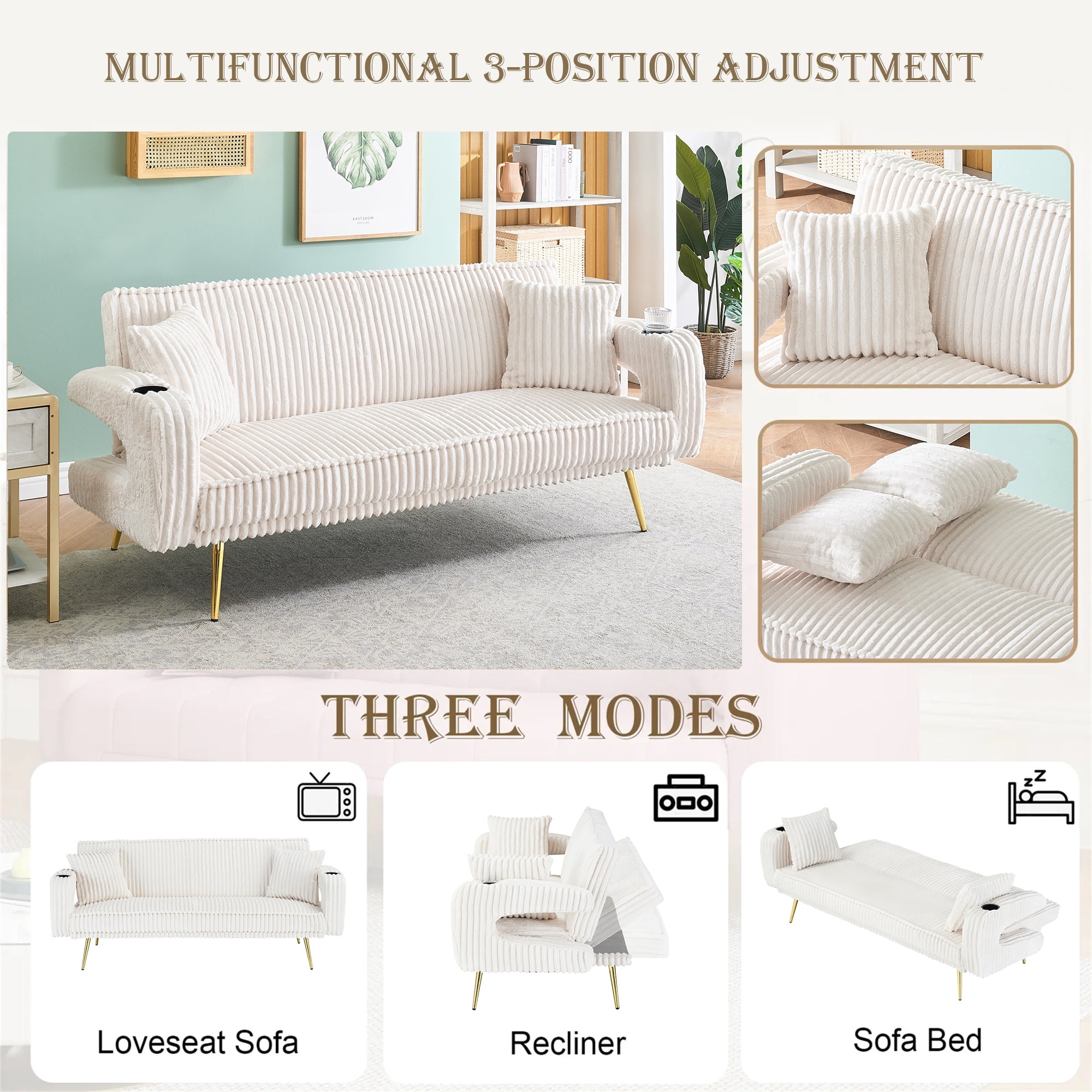 Aukfa Corduroy Futon Convertible Sofa Bed, Beige