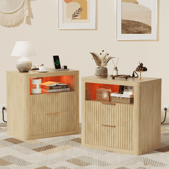 Homall Nightstand Set of 2 with Charging Station & LED Lights, 23'' Wide Heavy-Duty Modern End Table with 2 Drawers & Thickened Top, Bedside Table for Bedroom, Living Room, Natural