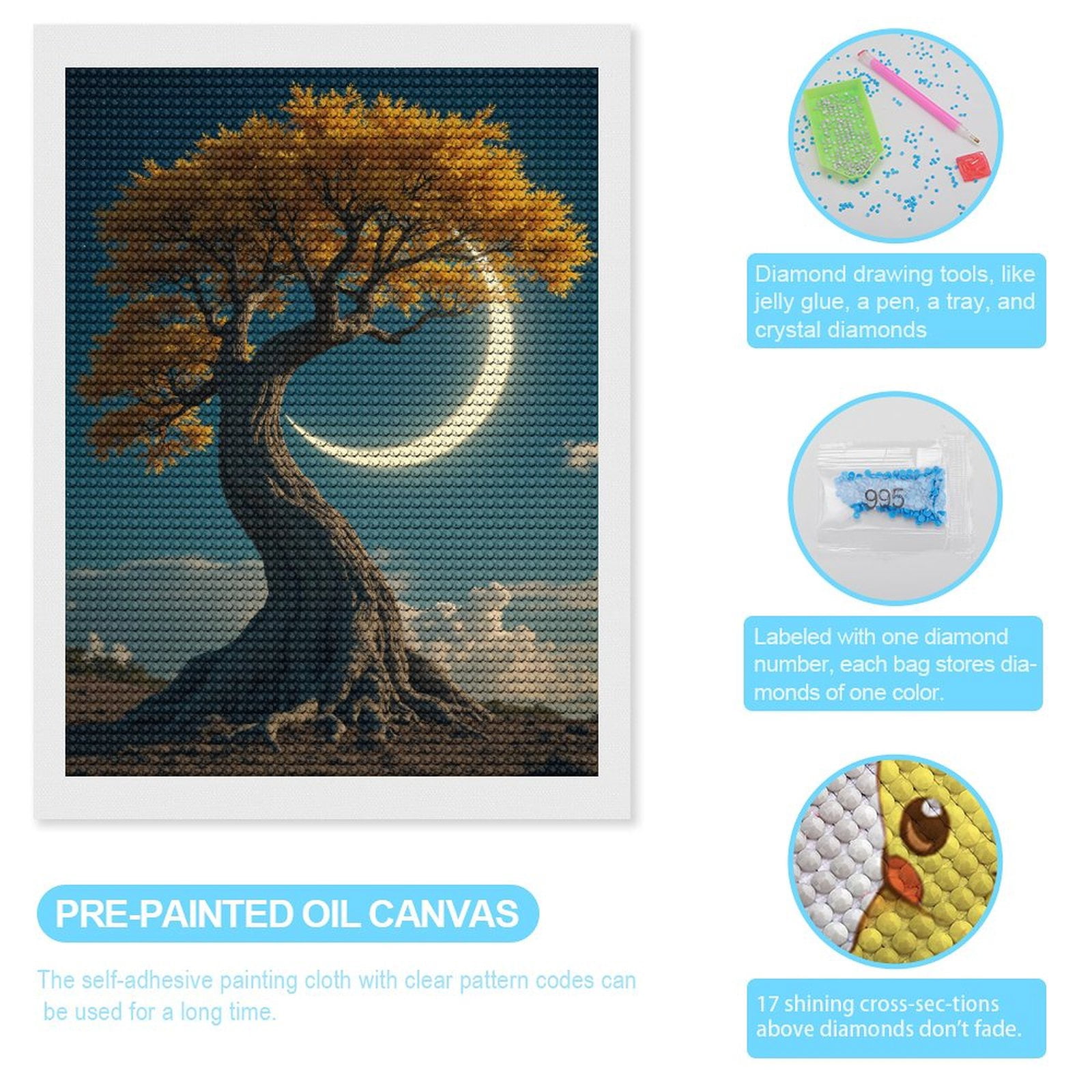 Diamond Art Kits for Adults, Golden Tree Crescent Moon Sky 5D Diamond Painting Kits for Adults Beginners, DIY Full Drill Diamond Painting, Gem Art and Crafts 12x16