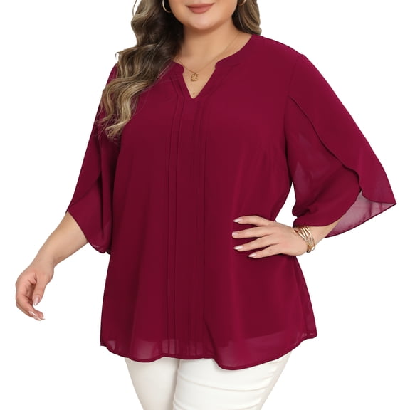 DARING DIVA Women's Plus 3/4 Sleeve Notch V Neck Dressy Casual Blouses 1X Burgundy