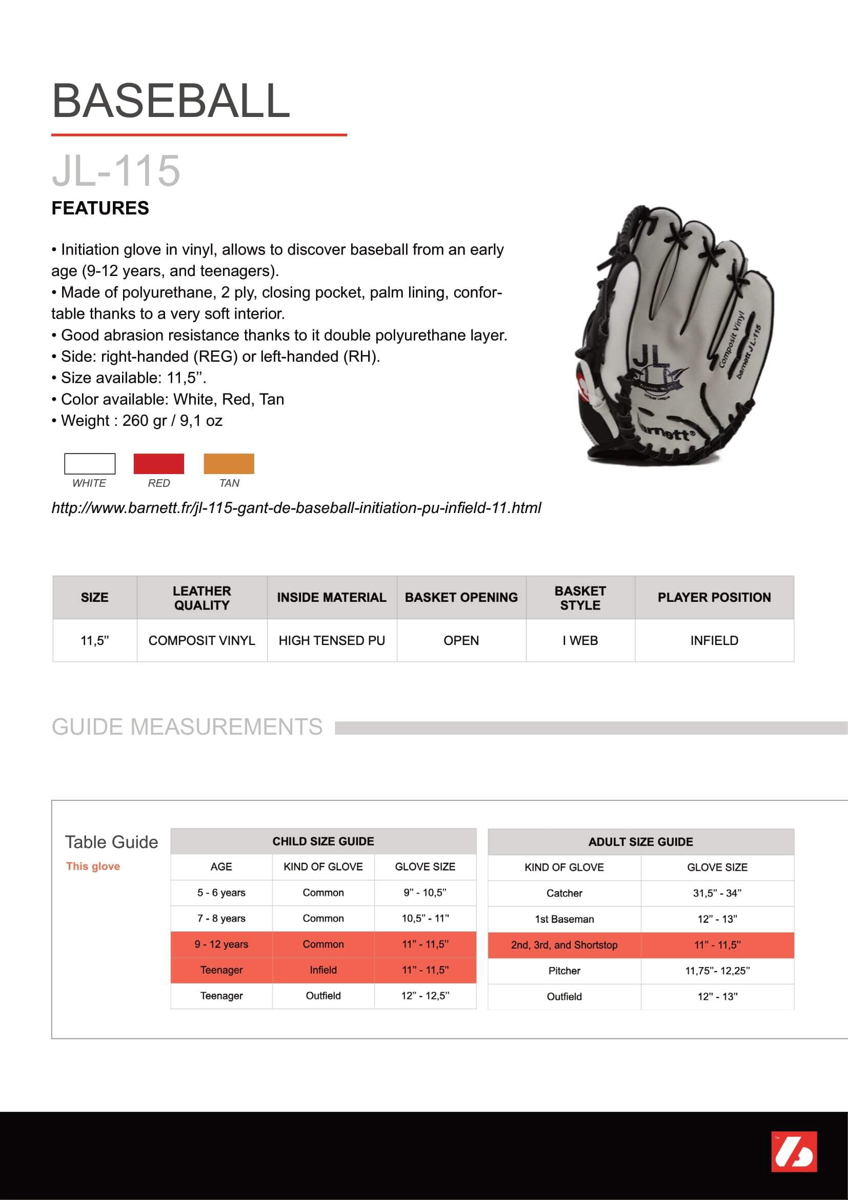 Barnett JL-115 Baseball Glove, Outfield, Polyurethane, Size 11,5", Tan Color (Right Hand Throw)