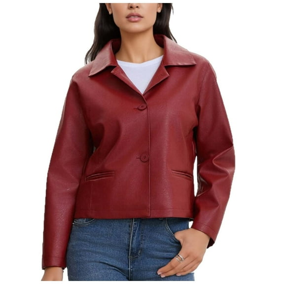 GigrtiJin Women's Leather Cropped Jacket Solid Color Turndown Collar Button Down Long Sleeve Outcoat Trendy Vintage Outwear