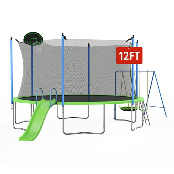 Furnibear 12FT Trampoline with Slide and Swings, Large Recreational Trampoline with Basketball Hoop and Ladder,Outdoor Backyard Trampoline with Net for Kids and Adults