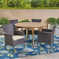 thumbnail image 4 of GDF Studio Jersey Outdoor Acacia Wood and Wicker 5 Piece Dining Set with Cushion, Teak, Multibrown, and Beige, 4 of 13