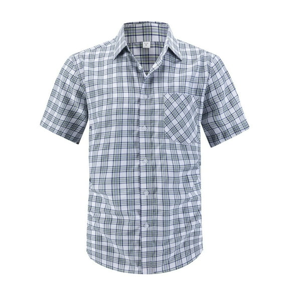 YODETEY George Plaid Button Down Shirts with Shorts Sleeve, Mens Fit Button Down Work Shirts, Green Big Men's XXL