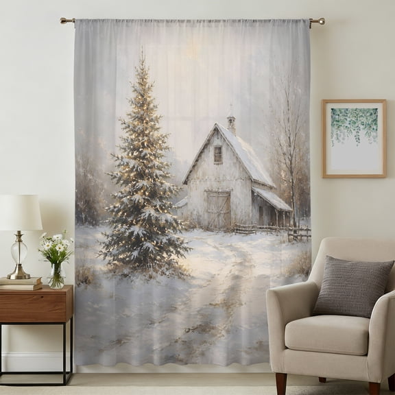 Country Christmas Sheer Curtains 45 Inches Long, Winter Rural Xmas Tree Farmhouse Light Filering Curtains, Breathable Simi Curtain Privacy Drapes for Kitchen Bathroom Lightweight Window Treatment